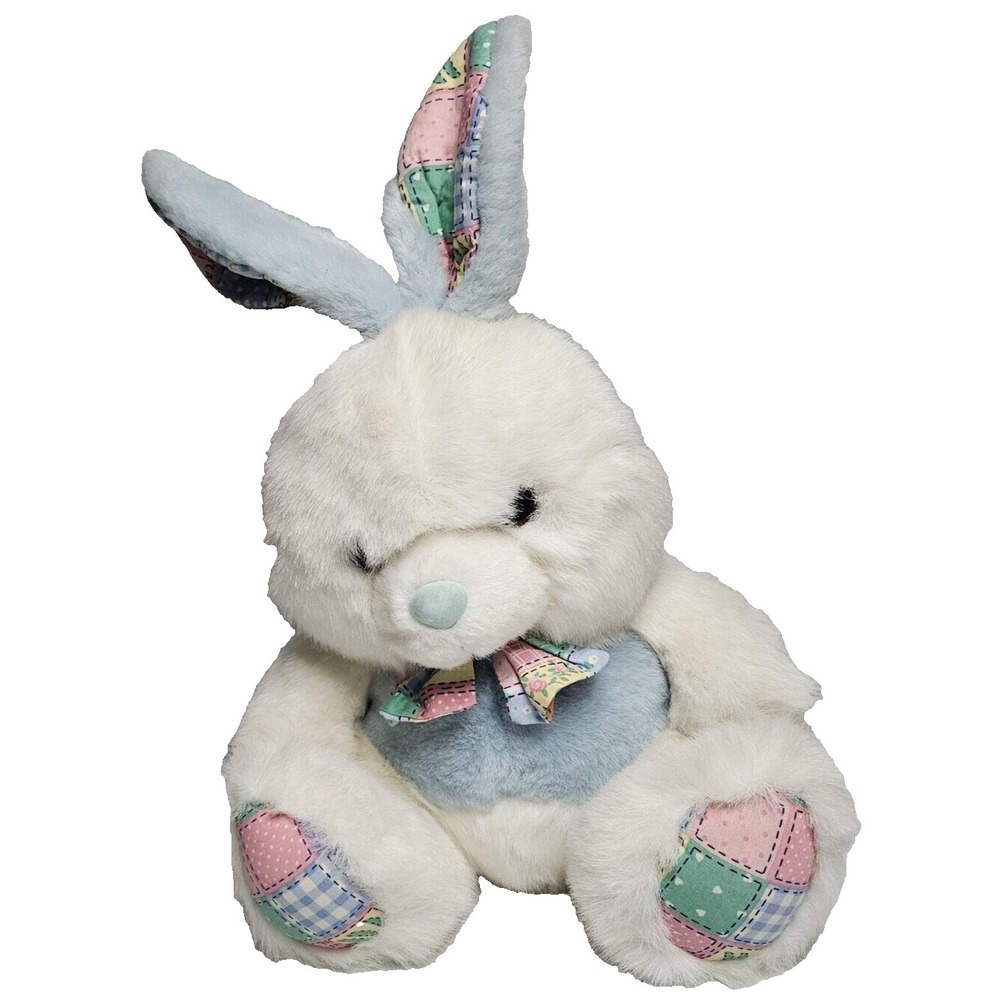 White Bunny Rabbit Sitting Plush Patchwork Feet Ears Easter 12" Chosun VTG